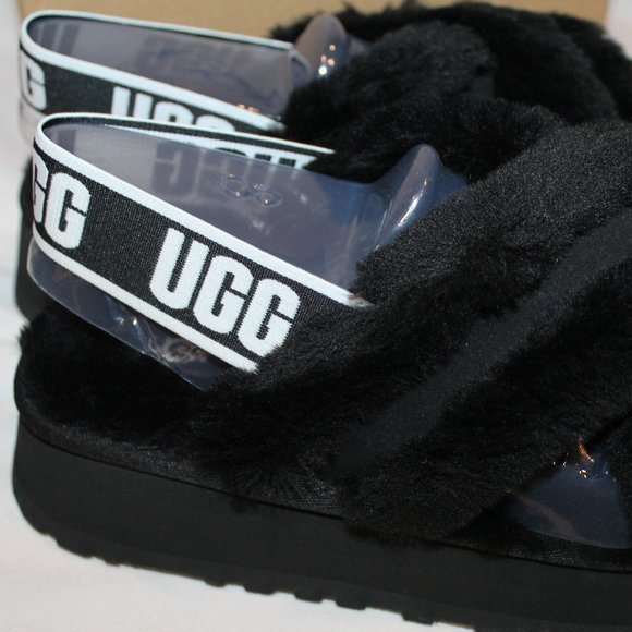 NIB UGG CRISS CROSS PLATFORM SHEARLING SLIDE SLIPPER SANDALS BLACK WHITE - Picture 4 of 7